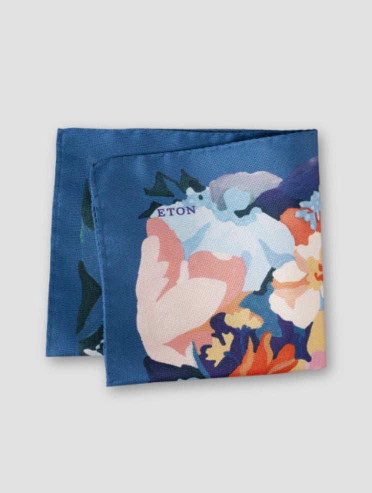 Eton Floral Oxford Blue Silk Italian Pocket Square