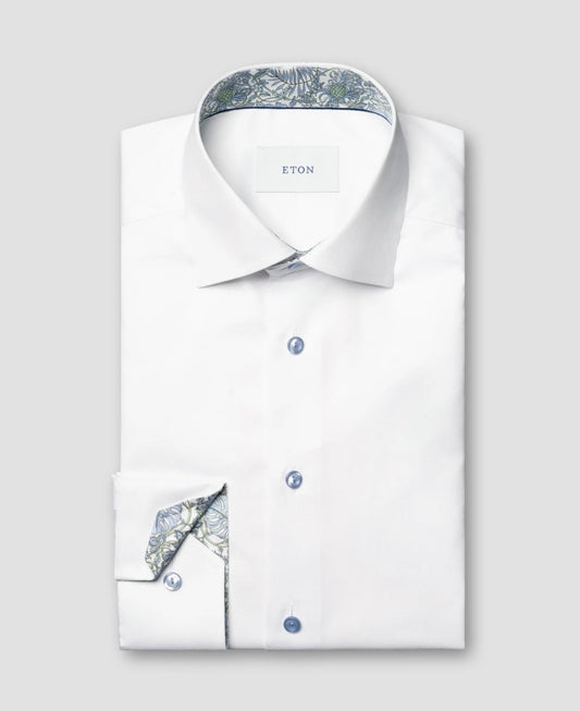 Eton Floral Effect White With Blue Buttons Signature Twill Shirt