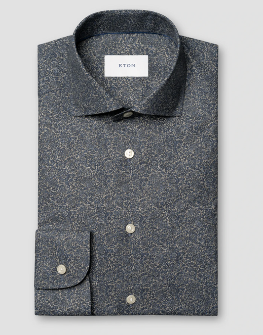 Eton Tonal Ornamental Print Signature Twill Shirt Blue